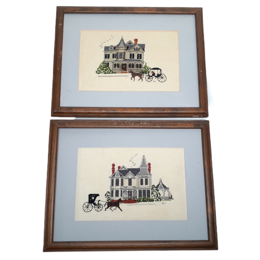 Vintage Cross Stitch Framed Victorian Mansions